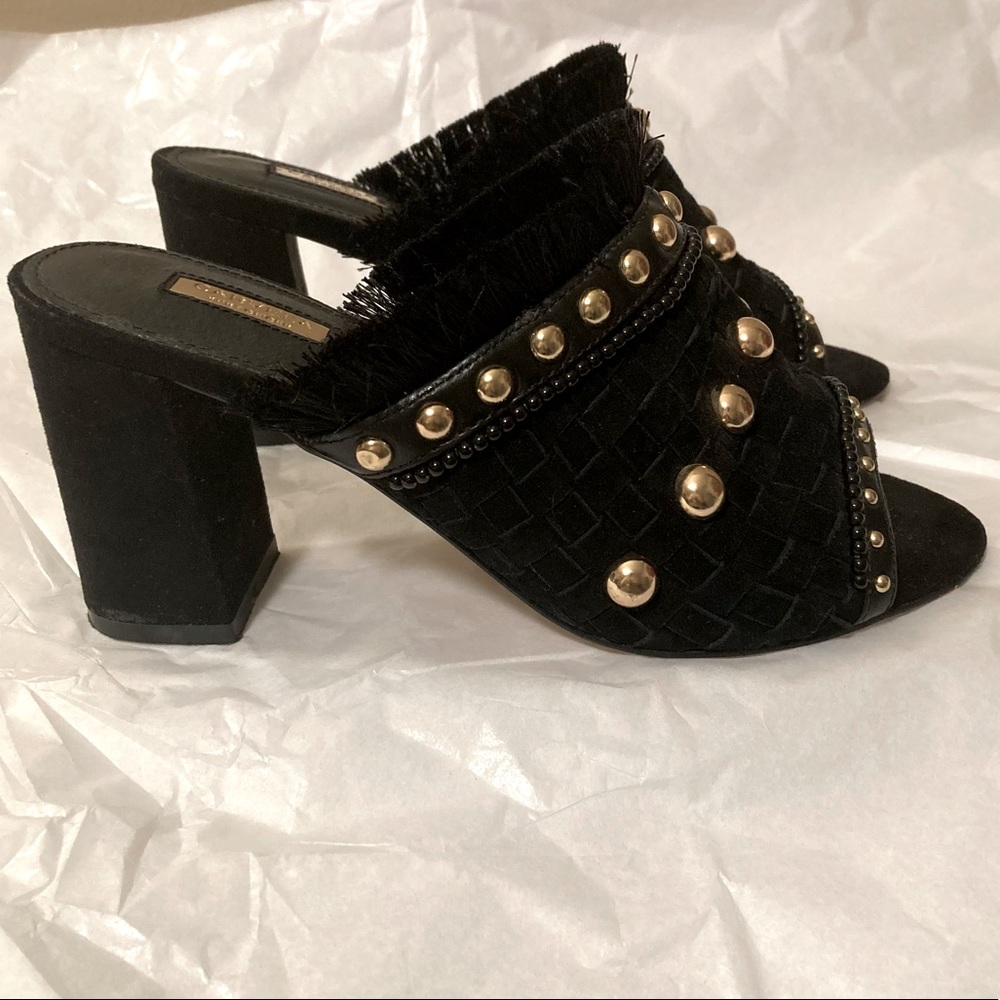 Carvela Kurt Geiger ‘Gander’ Mid Heel  Gold Studded Black Suede Mule Heels 37 - Picture 12 of 16